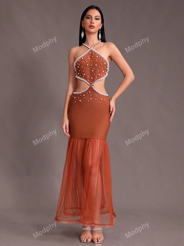Modphy Sexy Women's Halter Neck Backless Pearl Mesh Splice Long Evening Party Dress