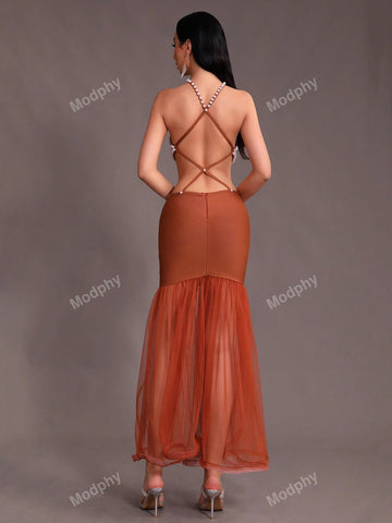 Modphy Sexy Women's Halter Neck Backless Pearl Mesh Splice Long Evening Party Dress