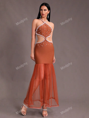 Modphy Sexy Women's Halter Neck Backless Pearl Mesh Splice Long Evening Party Dress