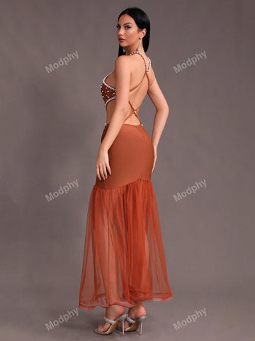 Modphy Sexy Women's Halter Neck Backless Pearl Mesh Splice Long Evening Party Dress