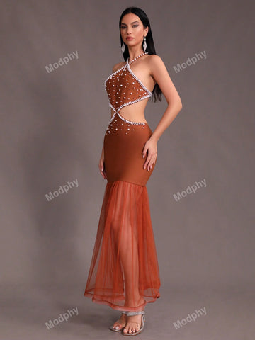 Modphy Sexy Women's Halter Neck Backless Pearl Mesh Splice Long Evening Party Dress