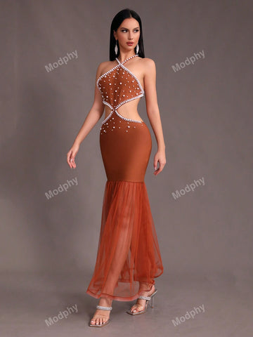 Modphy Sexy Women's Halter Neck Backless Pearl Mesh Splice Long Evening Party Dress