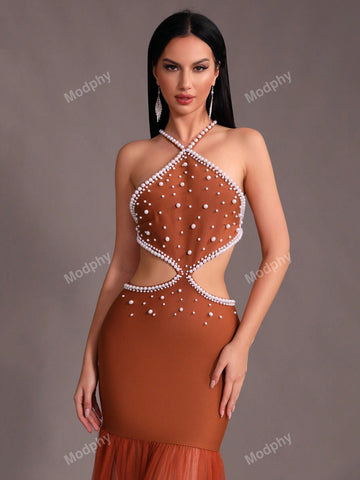 Modphy Sexy Women's Halter Neck Backless Pearl Mesh Splice Long Evening Party Dress