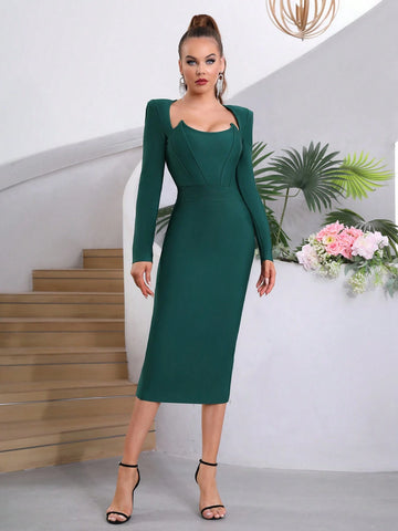 Modphy Solid Split Back Long Sleeved Bodycon Bandage Dress