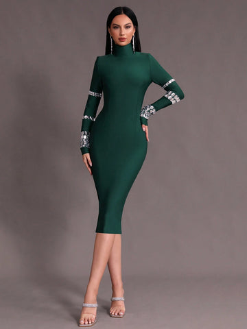 Modphy Winter Bodycon Knitted Party Bandage Dress With Studs And Turtle Neckline