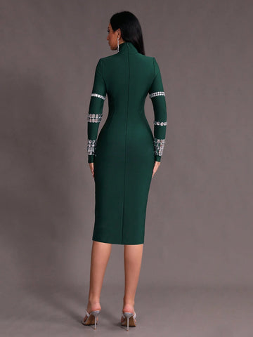 Modphy Winter Bodycon Knitted Party Bandage Dress With Studs And Turtle Neckline