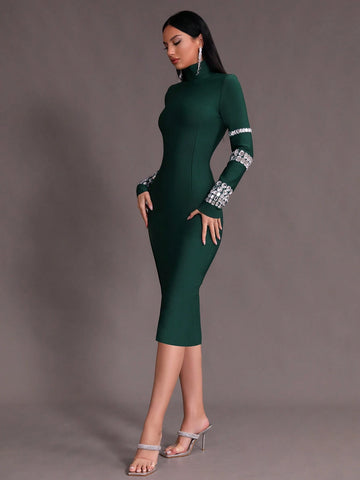 Modphy Winter Bodycon Knitted Party Bandage Dress With Studs And Turtle Neckline