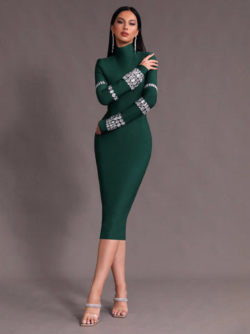Modphy Winter Bodycon Knitted Party Bandage Dress With Studs And Turtle Neckline
