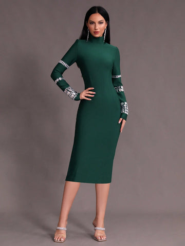 Modphy Winter Bodycon Knitted Party Bandage Dress With Studs And Turtle Neckline