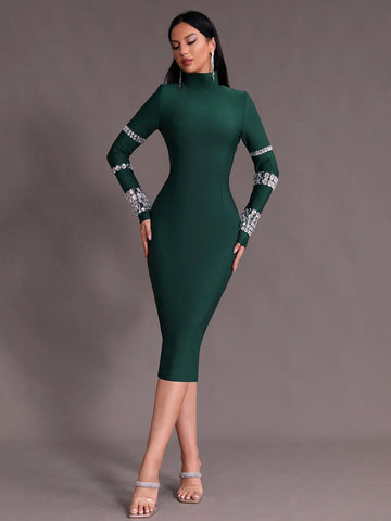 Modphy Winter Bodycon Knitted Party Bandage Dress With Studs And Turtle Neckline
