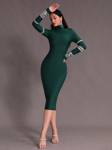 Modphy Winter Bodycon Knitted Party Bandage Dress With Studs And Turtle Neckline