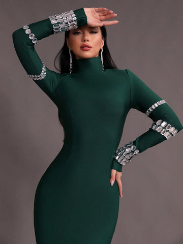 Modphy Winter Bodycon Knitted Party Bandage Dress With Studs And Turtle Neckline