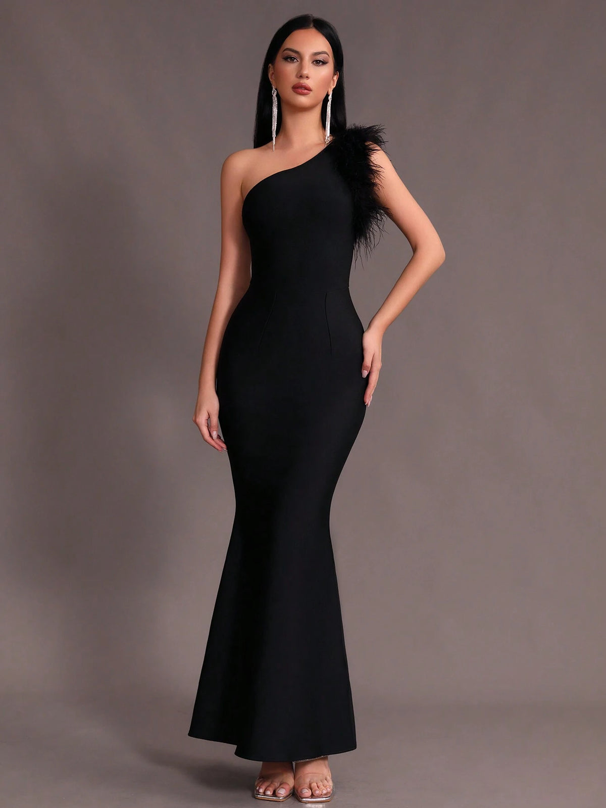 Modphy Women Black Faux Feather One Shoulder Sleeveless Sexy Bodycon Long Mermaid Dress Bandage Prom Bridesmaid Formal Evening Party Dress