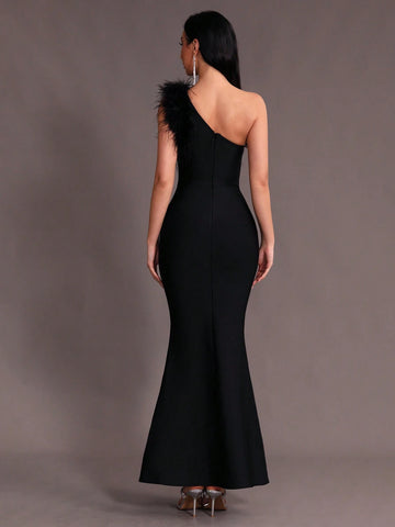 Modphy Women Black Faux Feather One Shoulder Sleeveless Sexy Bodycon Long Mermaid Dress Bandage Prom Bridesmaid Formal Evening Party Dress