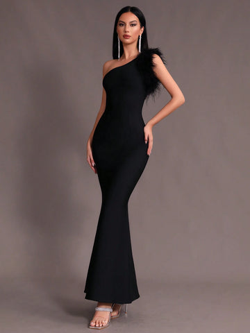 Modphy Women Black Faux Feather One Shoulder Sleeveless Sexy Bodycon Long Mermaid Dress Bandage Prom Bridesmaid Formal Evening Party Dress