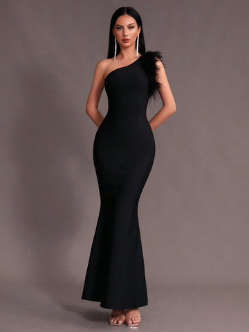 Modphy Women Black Faux Feather One Shoulder Sleeveless Sexy Bodycon Long Mermaid Dress Bandage Prom Bridesmaid Formal Evening Party Dress