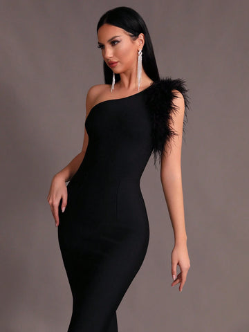 Modphy Women Black Faux Feather One Shoulder Sleeveless Sexy Bodycon Long Mermaid Dress Bandage Prom Bridesmaid Formal Evening Party Dress