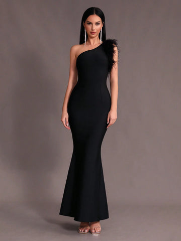 Modphy Women Black Faux Feather One Shoulder Sleeveless Sexy Bodycon Long Mermaid Dress Bandage Prom Bridesmaid Formal Evening Party Dress
