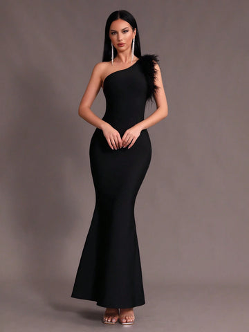 Modphy Women Black Faux Feather One Shoulder Sleeveless Sexy Bodycon Long Mermaid Dress Bandage Prom Bridesmaid Formal Evening Party Dress