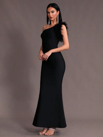Modphy Women Black Faux Feather One Shoulder Sleeveless Sexy Bodycon Long Mermaid Dress Bandage Prom Bridesmaid Formal Evening Party Dress