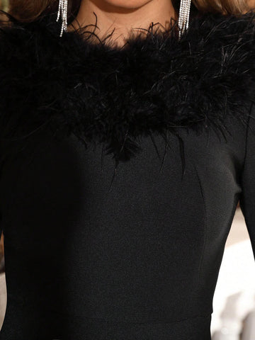 Modphy Women Black Sexy Backless Long Sleeve Bodycon Bandage Formal Evening Dress With Faux Feather Detailing