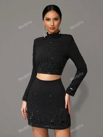 Modphy Women Solid Stand Collar Long Sleeve Rhinestone Decor Crop Top And Skirt 2-Piece Set