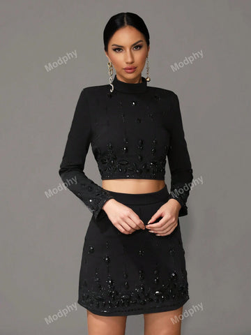 Modphy Women Solid Stand Collar Long Sleeve Rhinestone Decor Crop Top And Skirt 2-Piece Set