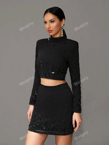Modphy Women Solid Stand Collar Long Sleeve Rhinestone Decor Crop Top And Skirt 2-Piece Set