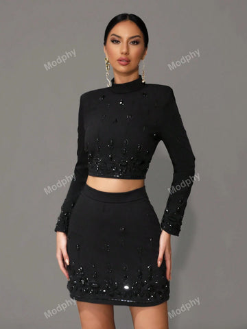 Modphy Women Solid Stand Collar Long Sleeve Rhinestone Decor Crop Top And Skirt 2-Piece Set