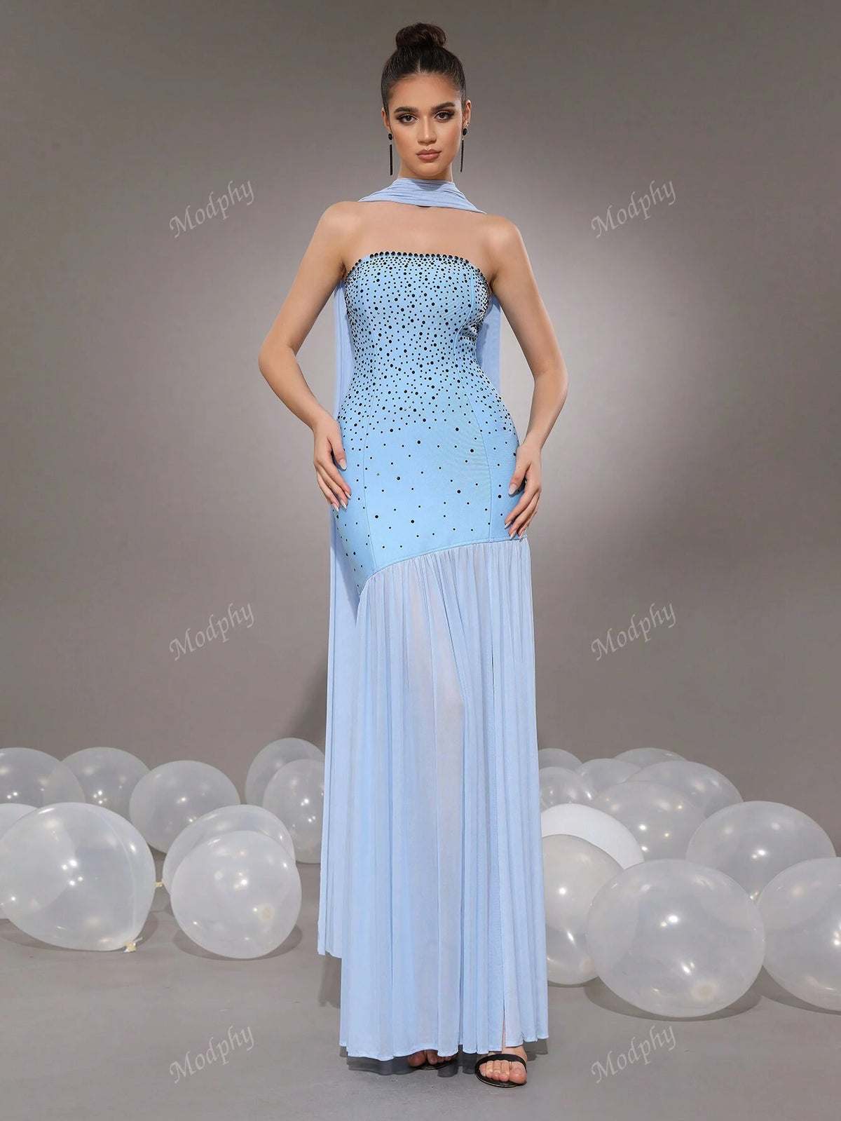 Modphy Women's Formal Mermaid Dress With Shiny Crystal Mesh Ruched Strapless Design For Evening Party