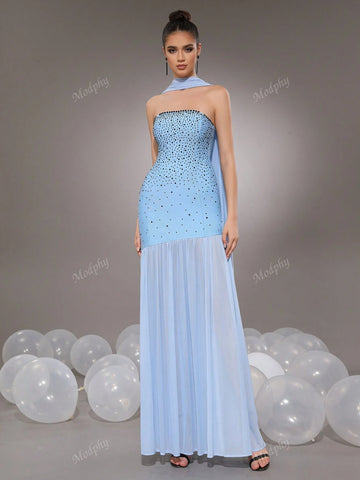 Modphy Women's Formal Mermaid Dress With Shiny Crystal Mesh Ruched Strapless Design For Evening Party