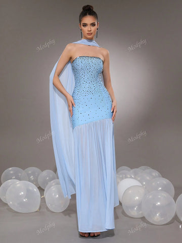 Modphy Women's Formal Mermaid Dress With Shiny Crystal Mesh Ruched Strapless Design For Evening Party