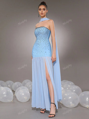 Modphy Women's Formal Mermaid Dress With Shiny Crystal Mesh Ruched Strapless Design For Evening Party