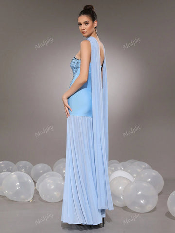 Modphy Women's Formal Mermaid Dress With Shiny Crystal Mesh Ruched Strapless Design For Evening Party