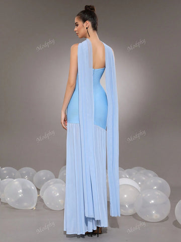 Modphy Women's Formal Mermaid Dress With Shiny Crystal Mesh Ruched Strapless Design For Evening Party