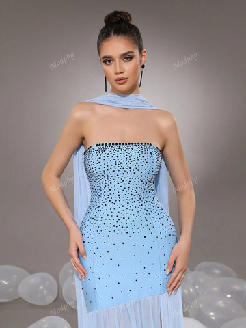 Modphy Women's Formal Mermaid Dress With Shiny Crystal Mesh Ruched Strapless Design For Evening Party