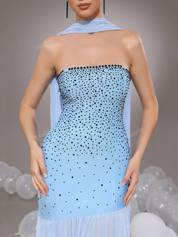 Modphy Women's Formal Mermaid Dress With Shiny Crystal Mesh Ruched Strapless Design For Evening Party