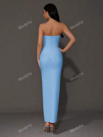 Modphy Luxury Pink Sexy Off-Shoulder High-Slit Bandage Dress Embellished With Diamonds For Women's Elegant Celebrity Evening Party Dress