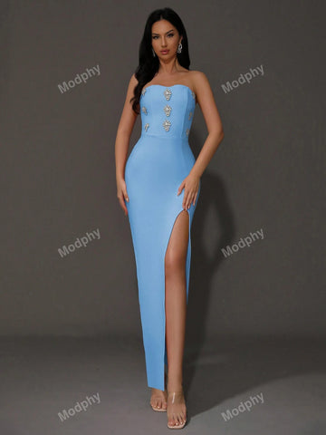 Modphy Luxury Pink Sexy Off-Shoulder High-Slit Bandage Dress Embellished With Diamonds For Women's Elegant Celebrity Evening Party Dress