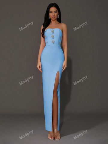 Modphy Luxury Pink Sexy Off-Shoulder High-Slit Bandage Dress Embellished With Diamonds For Women's Elegant Celebrity Evening Party Dress