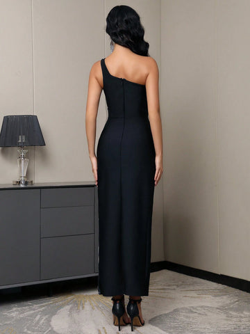 Modphy Women's One Shoulder Sleeveless Black Bodycon Bandage Dress With Cut-Out And High Slit Hemline Decorated With Rhinestones For Party