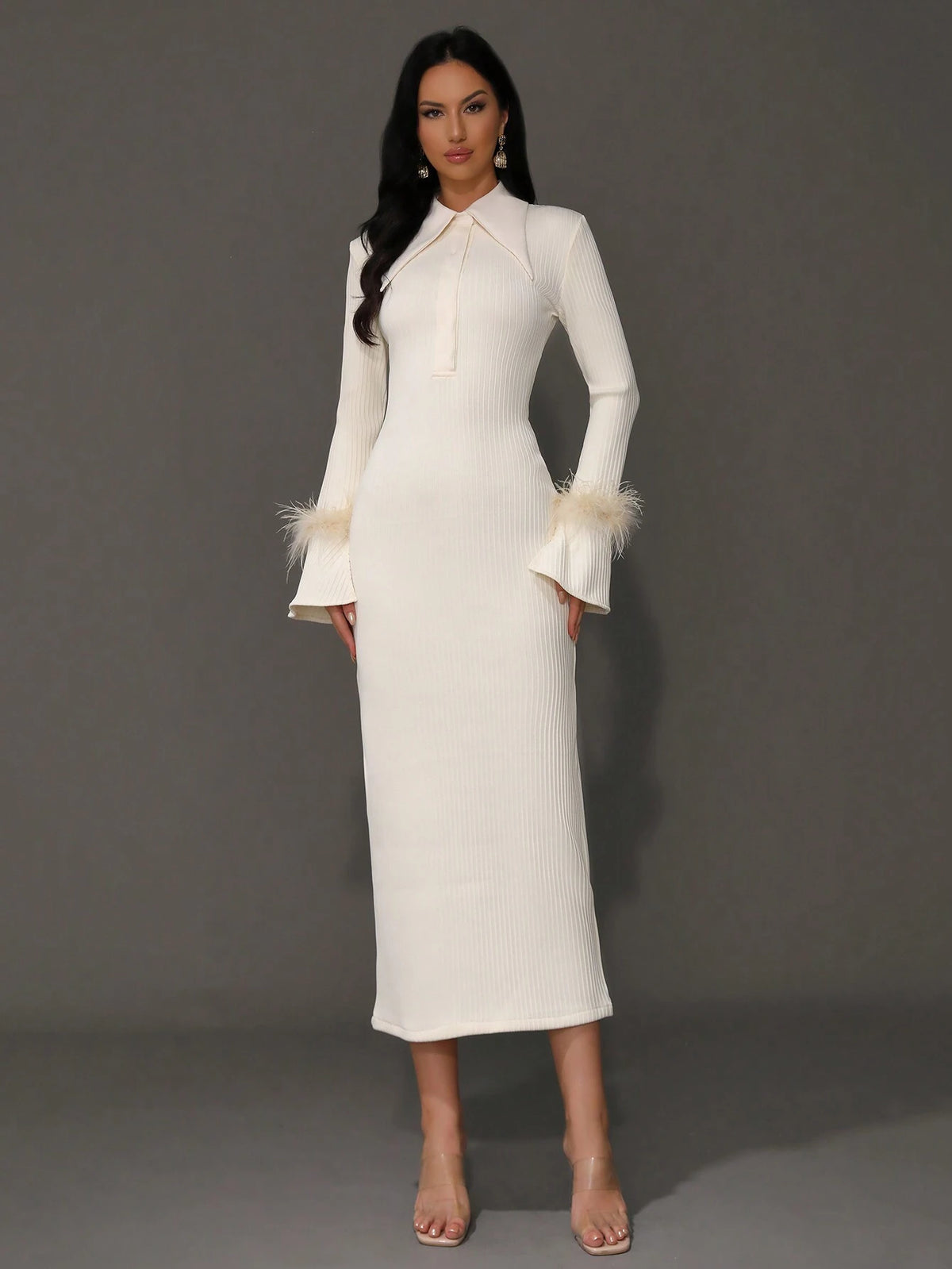 Modphy Women's Sexy Long Sleeve Yellow Feather-Like Collar Bodycon Bandage Dress, Fashionable Party Dress