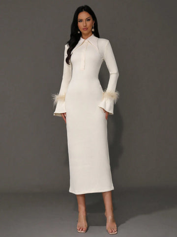 Modphy Women's Sexy Long Sleeve Yellow Feather-Like Collar Bodycon Bandage Dress, Fashionable Party Dress