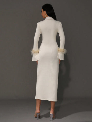 Modphy Women's Sexy Long Sleeve Yellow Feather-Like Collar Bodycon Bandage Dress, Fashionable Party Dress