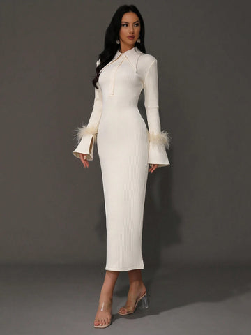 Modphy Women's Sexy Long Sleeve Yellow Feather-Like Collar Bodycon Bandage Dress, Fashionable Party Dress