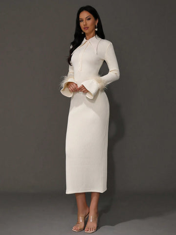 Modphy Women's Sexy Long Sleeve Yellow Feather-Like Collar Bodycon Bandage Dress, Fashionable Party Dress