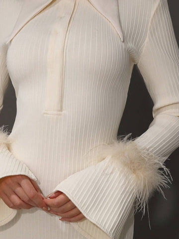 Modphy Women's Sexy Long Sleeve Yellow Feather-Like Collar Bodycon Bandage Dress, Fashionable Party Dress