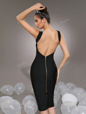 Modphy Women's Sexy Sleeveless U-Neck Backless Zipper Fitted Bandage Mid-Length Cocktail Dress
