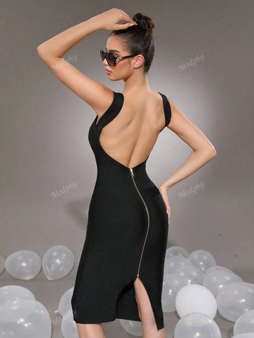 Modphy Women's Sexy Sleeveless U-Neck Backless Zipper Fitted Bandage Mid-Length Cocktail Dress