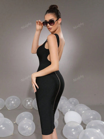 Modphy Women's Sexy Sleeveless U-Neck Backless Zipper Fitted Bandage Mid-Length Cocktail Dress